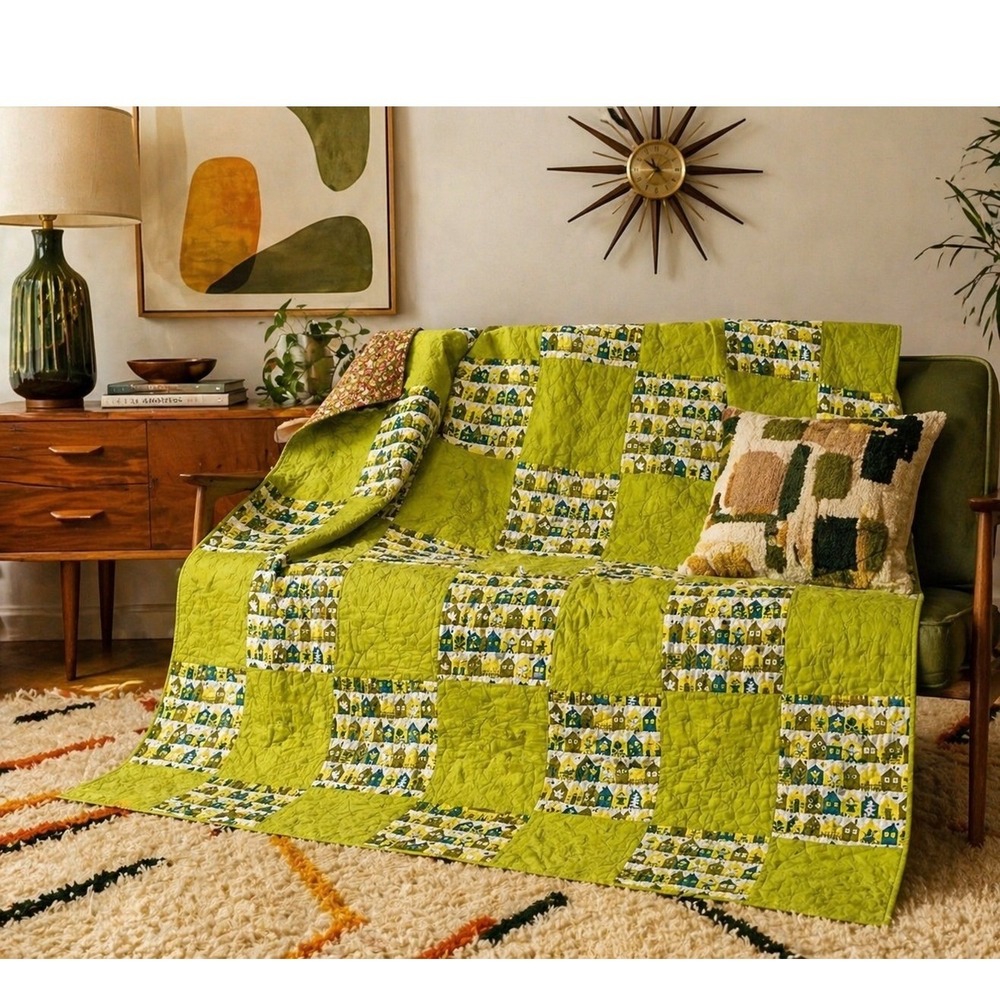 Handmade Patchwork Quilt 72x56 Lime Green Mid Century Village Print Throw MCM